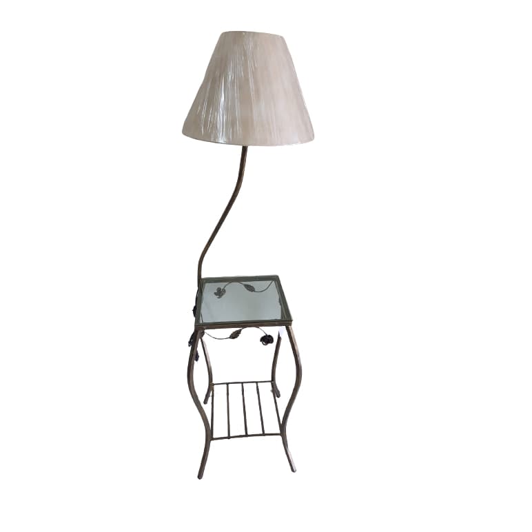 Mesa Aparador Coluna Quadrada De Canto Com Abajur Flor Cúpula Café c/ Leite