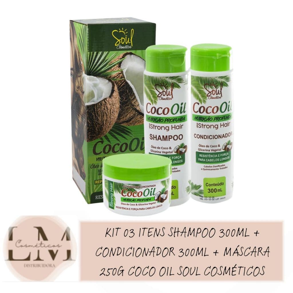 Kit 03 itens Shampoo 300ml + Condicionador 300ml + Máscara 250g Coco Oil Soul Cosméticos