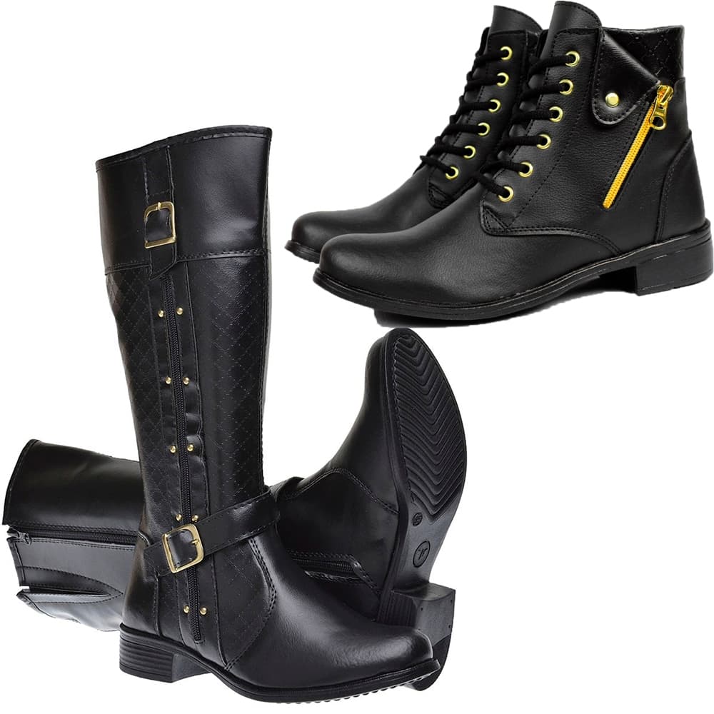 Kit 2 Bota Inverno Confortável Montaria e Coturno Cano Baixo Preta