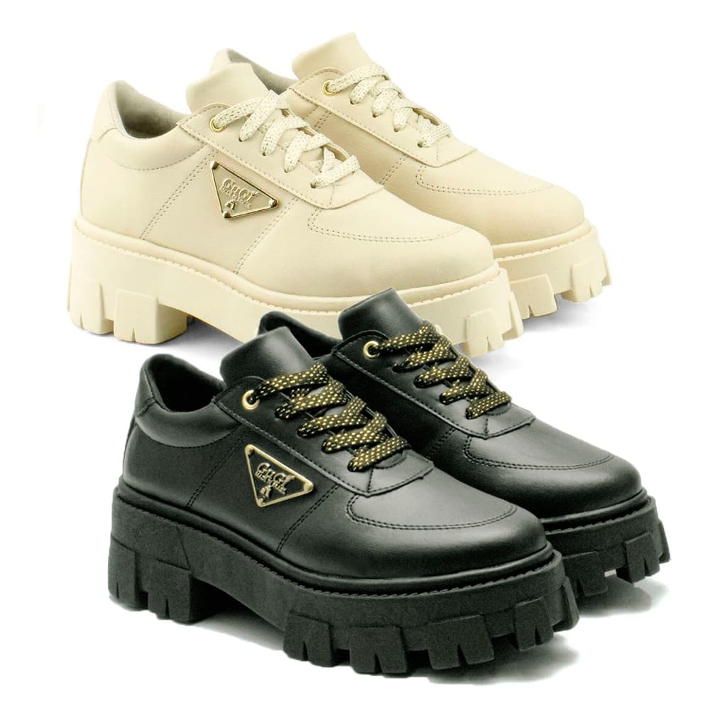 Mocassim Oxford Feminino Kit 2 Pares  Lançamento 2024 Com Cadarço Preto e Off