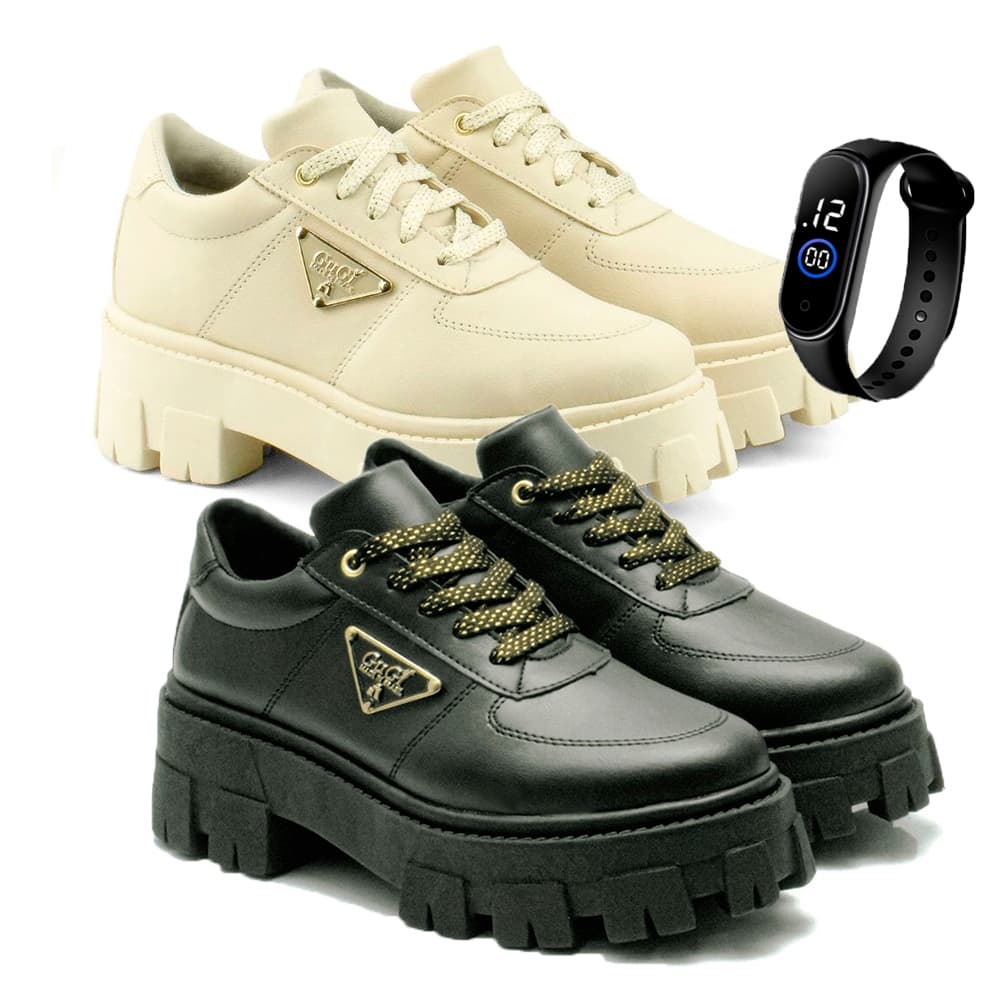Kit Tenis Feminino Mocassim Tratorado 2 Pares Com Relógio
