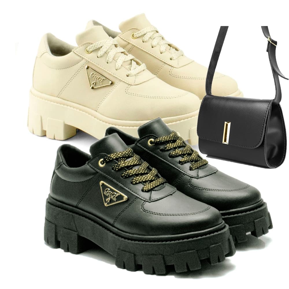 Kit Mocassim Tratorado Tenis Confortável Feminino Com Bolsa Luxo