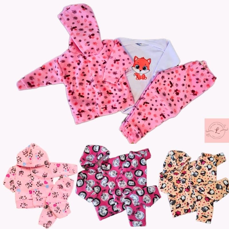 Conjunto soft 5 peças de roupa para bebê menina ou menino  - 1 casaco sof, 1 calça, 1 body suedine estampado, 2 meia
