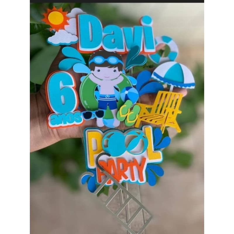 Topo Pool Party em Camadas (3D)- Topo/ Topper de Bolo