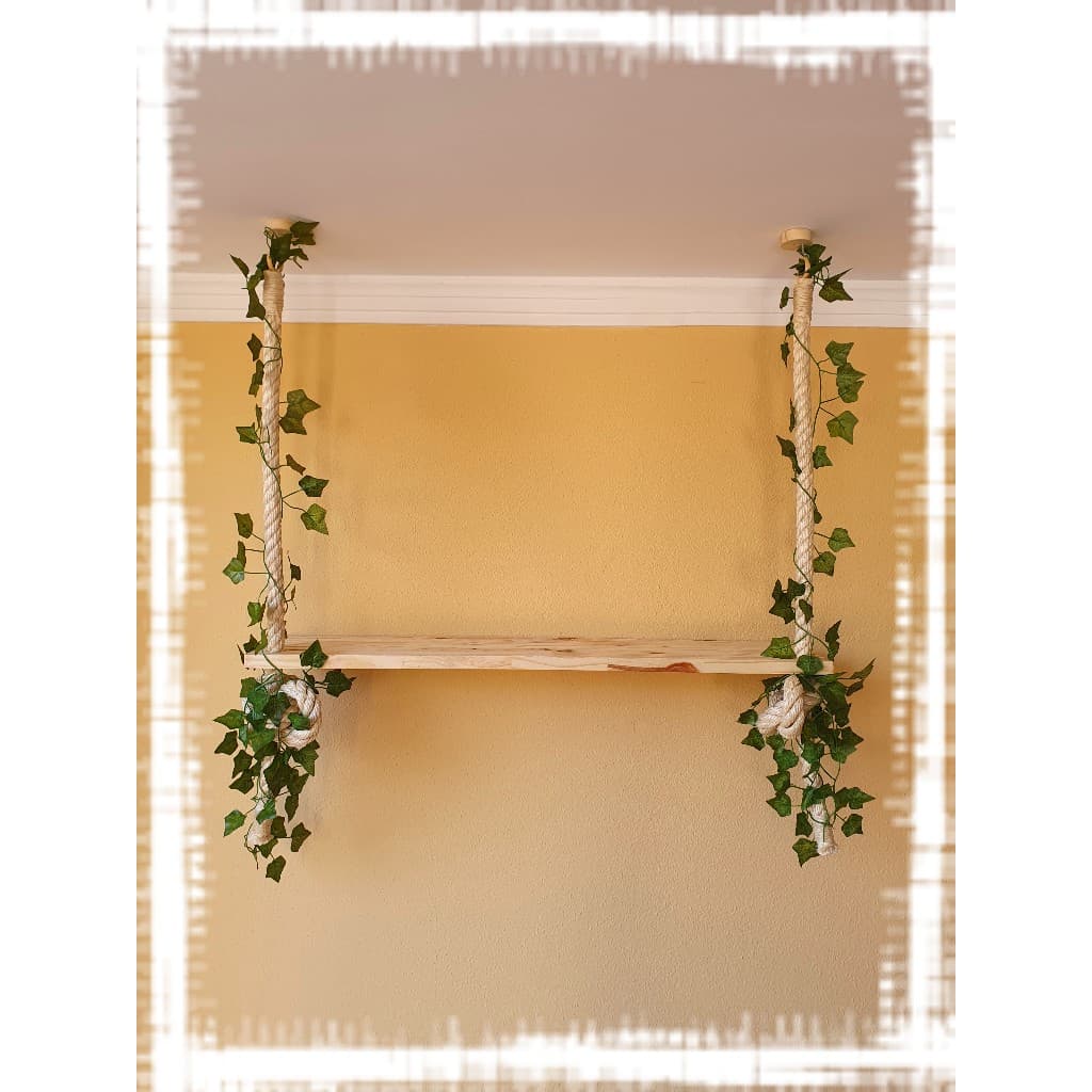 Prateleira 80x20 com corda grossa, folhas e acabamentos de teto