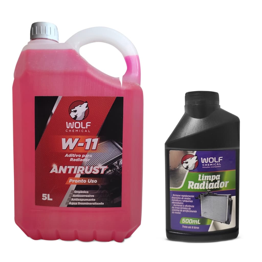Aditivo Radiador Rosa Pronto para Uso Organico 5L Wolf e Limpa Radiador 500mL