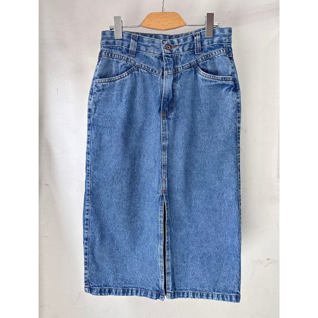 Saia midi jeans aberto na frente cintura alta sem lycra 100% algodão