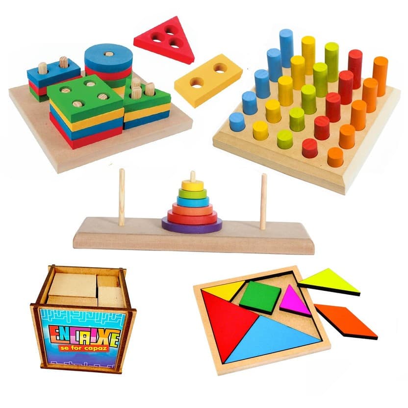 KIT 5x Brinquedos TORRE DE HANÓI + PINOS DE ENCAIXE + TANGRAM + FORMAS GEOMÉTRICAS + ENCAIXE SE FOR CAPAZ Brinquedo Educativo Pedagógico