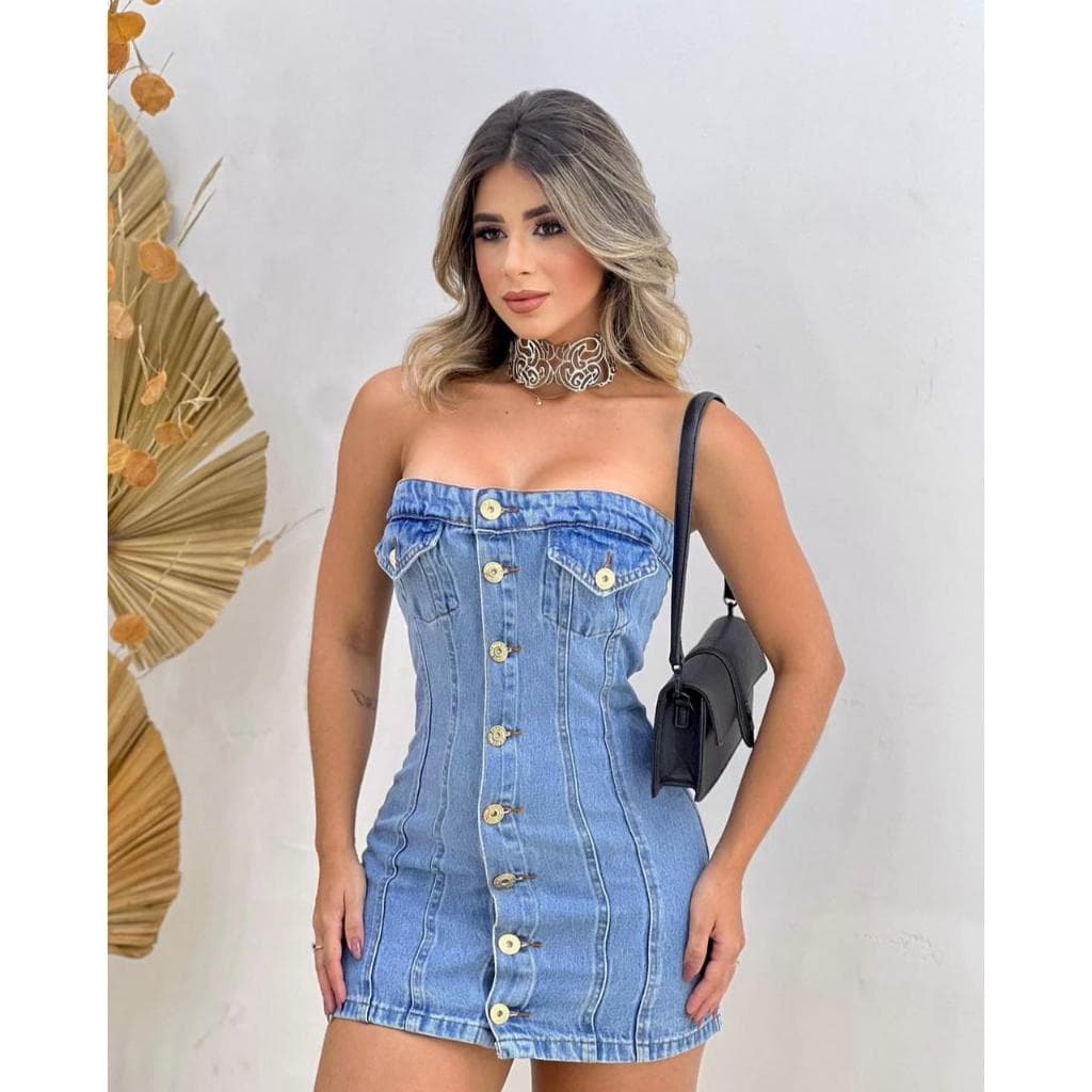 Vestido jeans midi sem alças com botão sem lycra