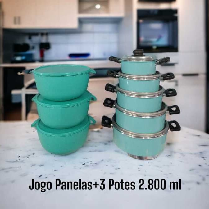 JOGO DE PANELAS 5PEÇAS + 3KIT DE POTES EM LINDAS CORES