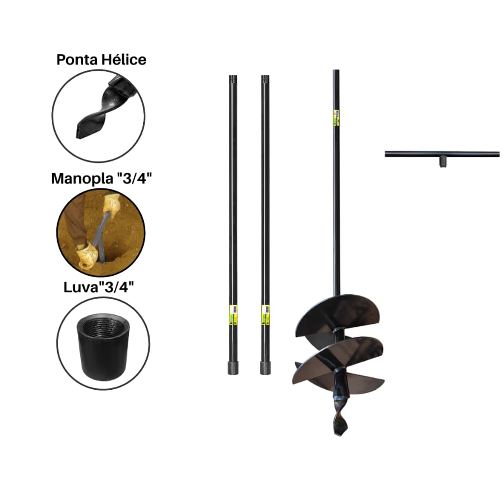 Cavadeira Trado Manual 25cm 4 Facas Cabo 1m + 2 Extensores De 1m Perfurador de Solo