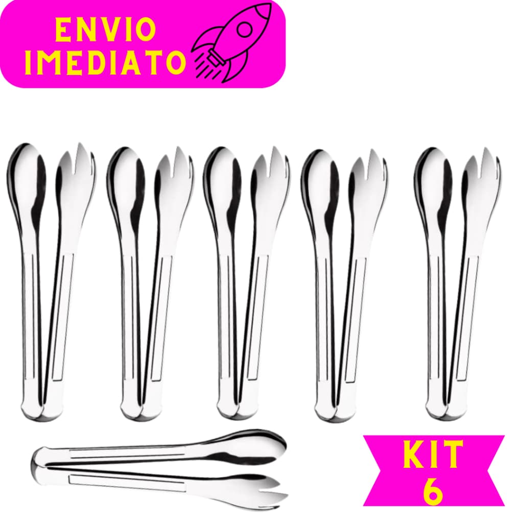Kit 6 Pegadores Pinça Para Salada em Aço Inox Multiuso Massas
