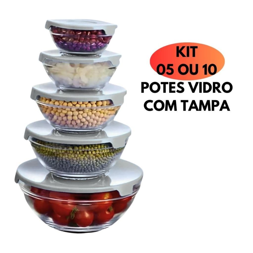 Kit 05 Ou 10 Potes Vidro Com Tampa Cinza Refratario Vasilha Resistente Jogo Conjunto Multiuso