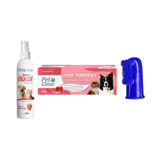 Kit Gel Dental + Spray Bucal + Escova Dedeira Pet Clean