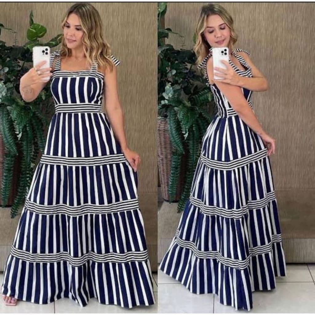 Vestido Longo Tricoline Com Alça  Listrado