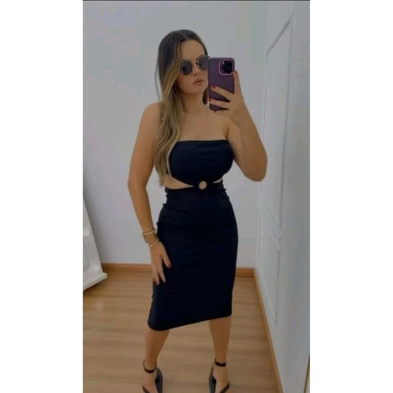 Vestido Longo Feminino Tomara que caia midi vazado moda verão canelado algodão