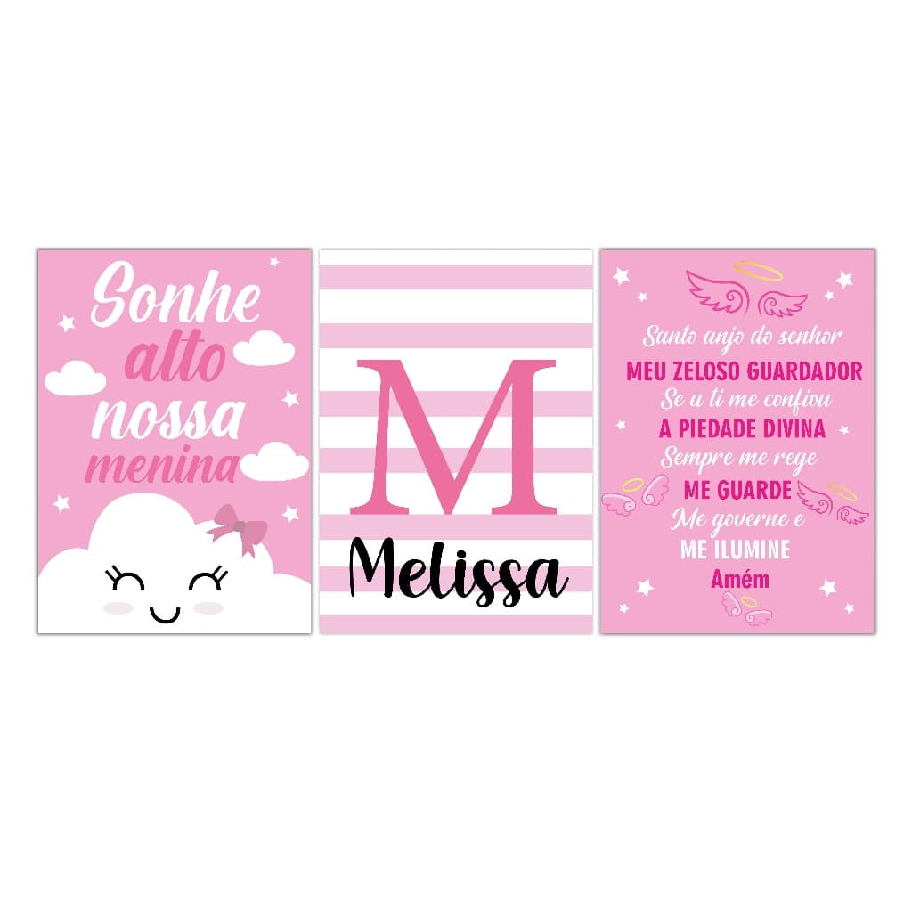 Kit 3  Quadros Menina Infantil Bebe  Balões Nuvens Tema Oração Santo Anjo Quarto de Bebê 21x30