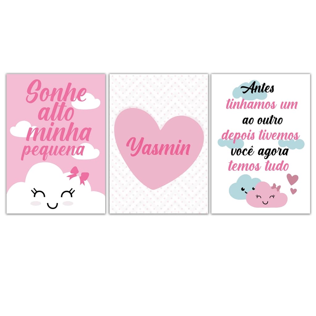 Kit 3  Quadros Infantil Menina Bebe  Balões Nuvens Frase Personalizado Tema Oração  Quarto de Bebê 21x30