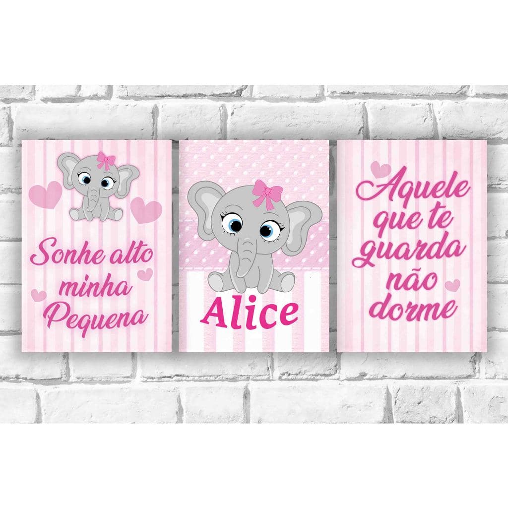 Kit 3 quadros bebe menina infantil safari elefante quarto de bebe presente decoração