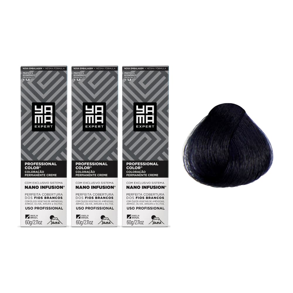 Kit C/3 Colorações Yama Prof Color Nano 1.1 Preto Azulado