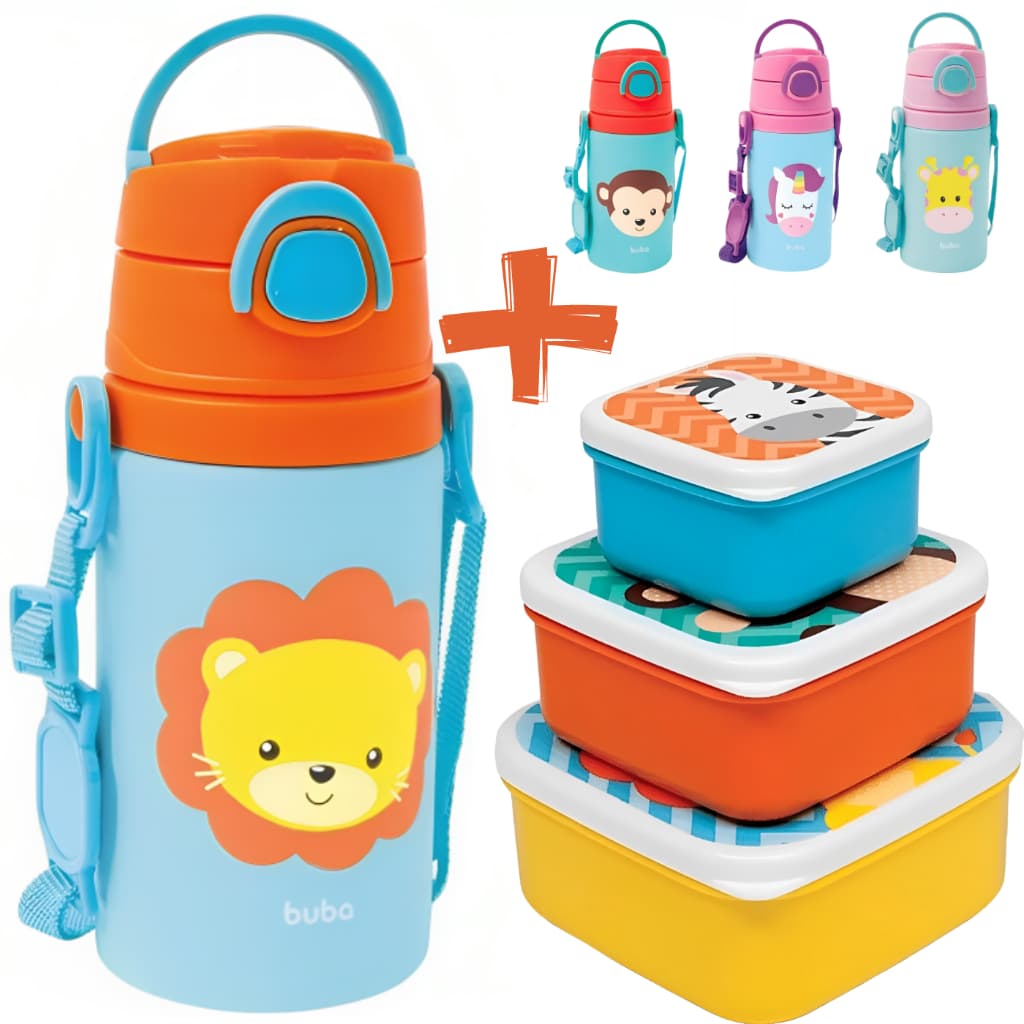 Kit Garrafa Infantil Com Canudo + Kit 3 Potinhos Animal Garrafinha Buba Bebê Fun Buba 400ml