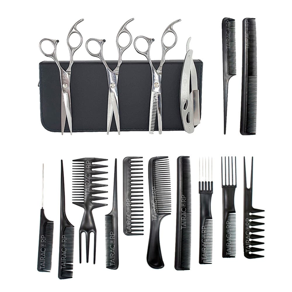 Kit 3 Tesouras Fio Laser Fio Navalha Desfiadeira Profissional Barbeiro Cromado 10 Pentes Anatómica