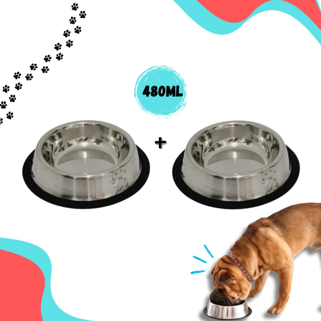 kit Comedouro e Bebedouro inox - 480ML - Cachorro Para Cães E Gatos - antiderrapante - 2 unidades