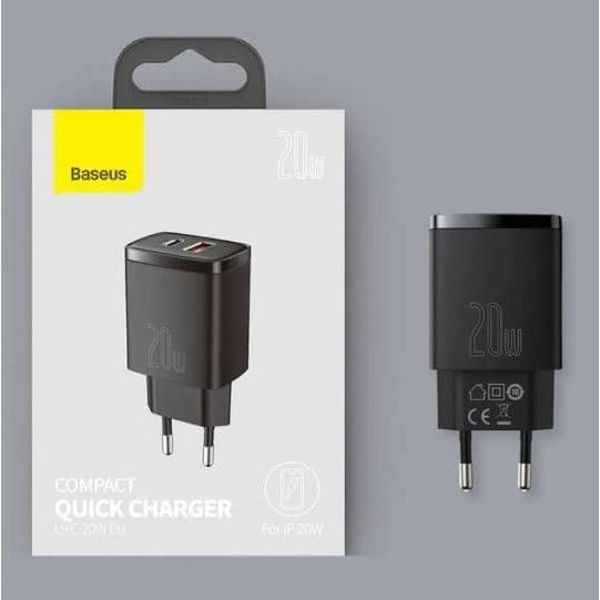 Carregador Turbo Baseus 2 Entr. USB + USB C 20W P/IPhone 15 /16 /17 e Android + Cabo Tipo C X C ou C X Light
