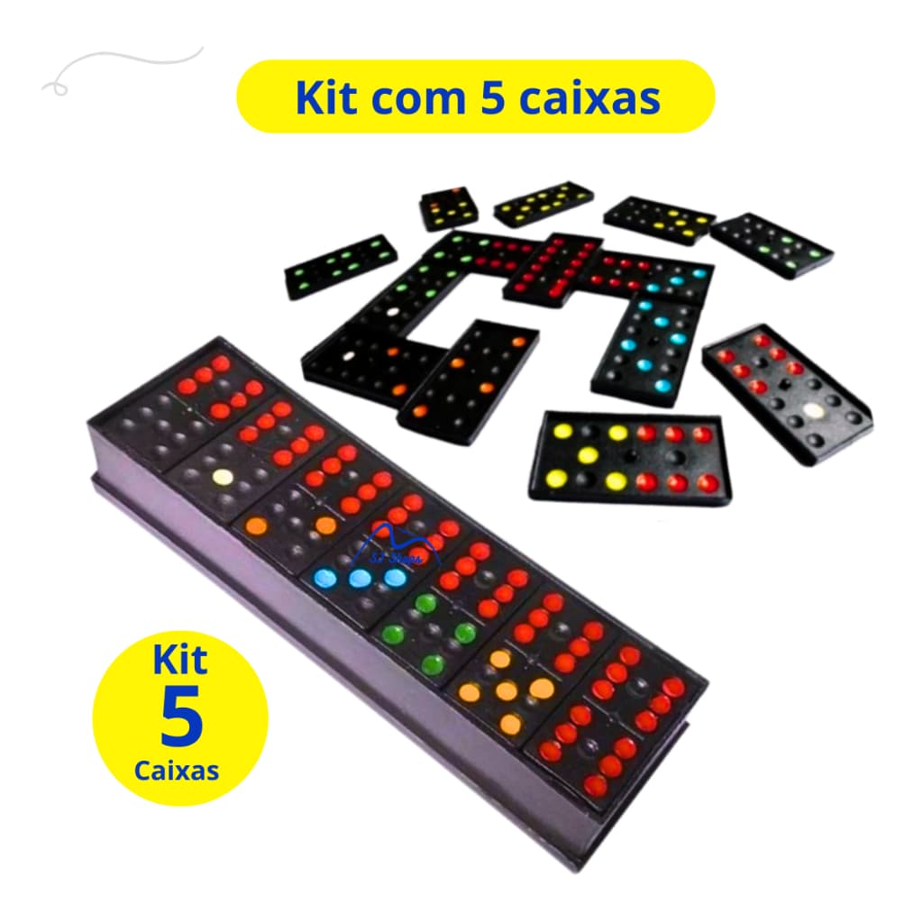 Kit com 05 Jogo de Dominó Plástico Lembrancinha Festa Prenda Estojo com 28 peças bolinhas pintadas