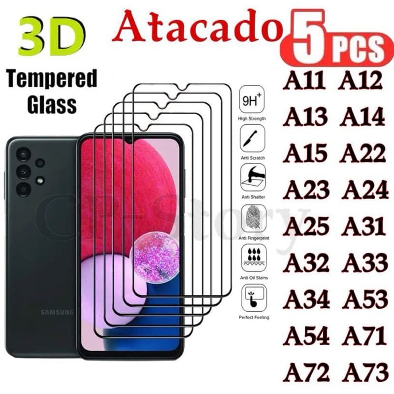 Kit Película 3D De vidro Atacado com 5 peça Samsung A11 A12 A13 A14 A15 A22 A23 A24 A25 A31 A32 A33 A34 A53 A54