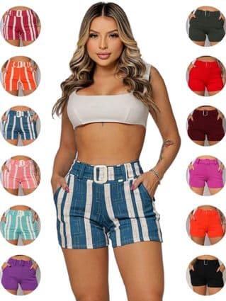 Short Feminino Cinto Fivela Bermuda Crepe Bolso Shortinho Curto Social Cintura Alta Shorte Basico