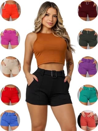Short Feminino Cinto Fivela Bermuda Crepe Bolso Shortinho Curto Social Cintura Alta Shorte Basico