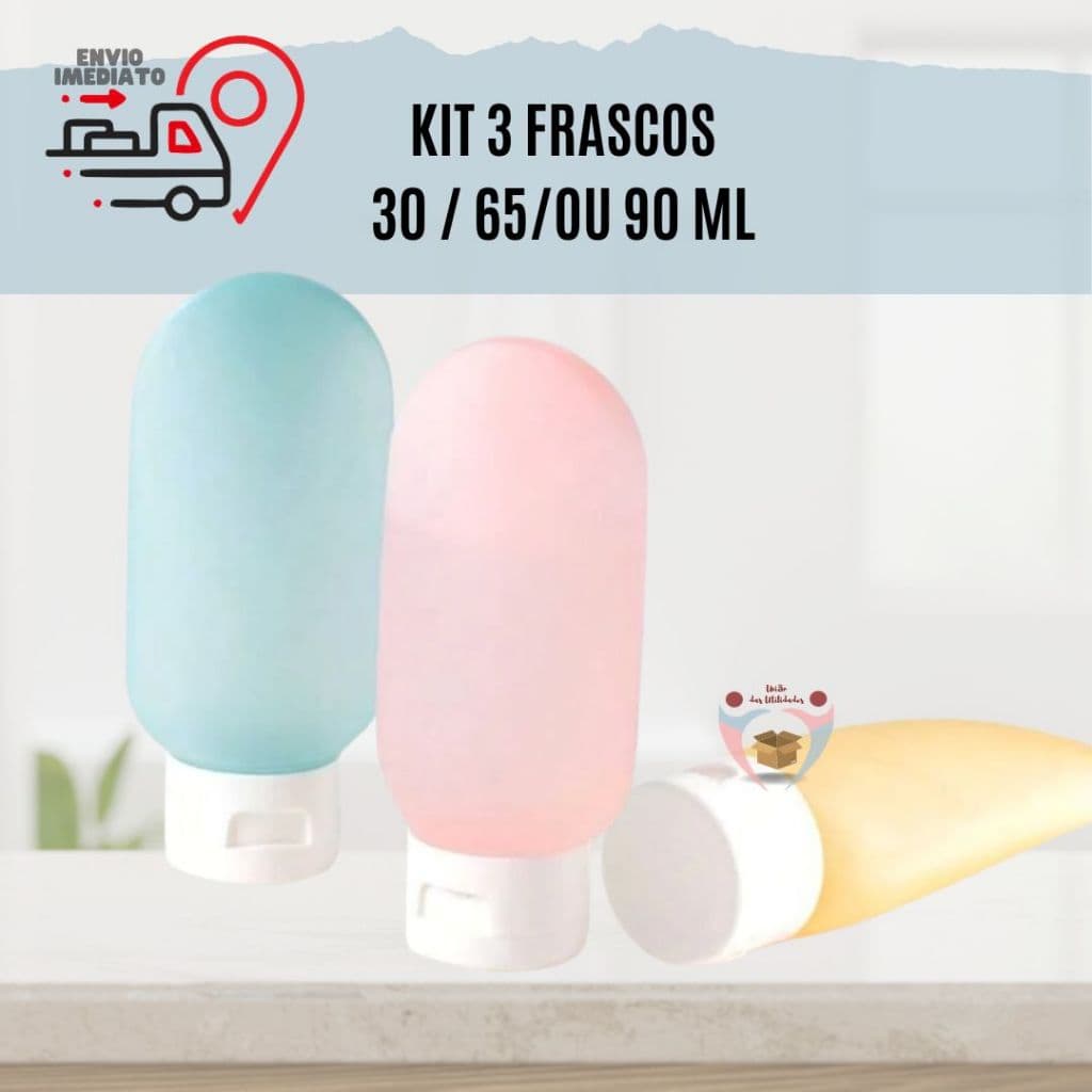 Kit 3  Frascos Porta Alcool  Porta Shampoo Porta Creme Gel Frasco Para Viagem  30 ml Ou 65 ml Ou 90 ml