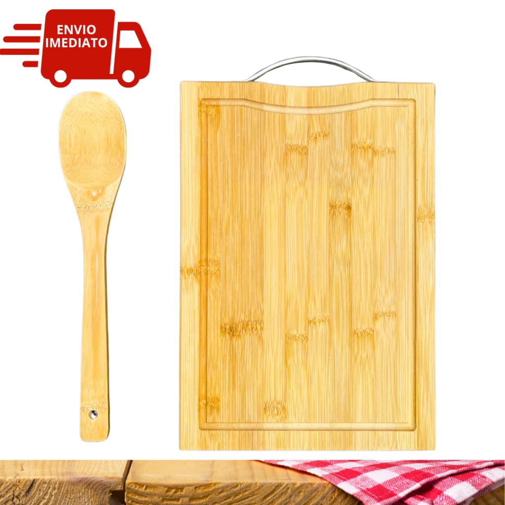 Kit Tabua de Corte de Bambu Com Sulco e Alça Reforçada de Inox 22x32 cm + 1 Colher de Bambu Cozinha