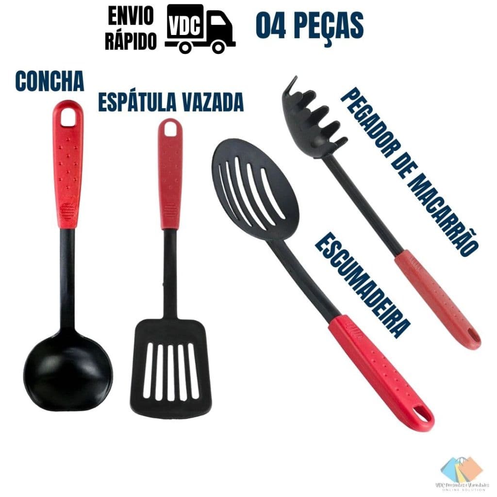 Kit 04 Peças Colher Concha Escumadeira Espátula Vazada Para Servir Grande Plástico Pratico Cozinha
