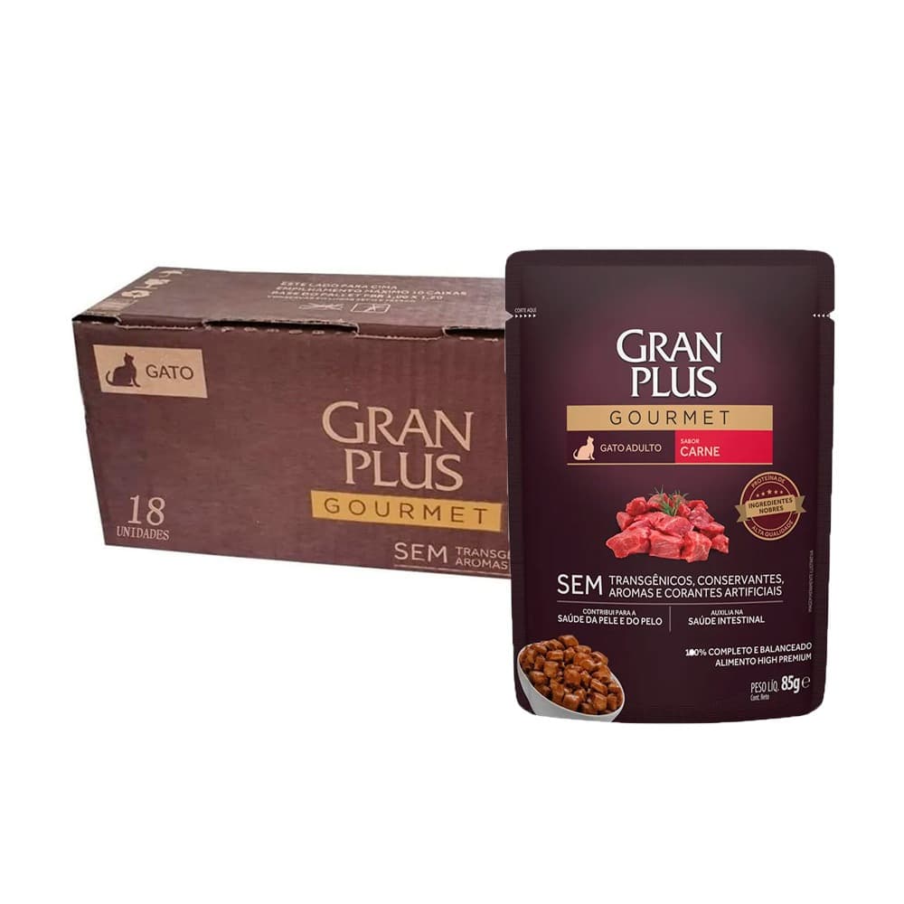 Caixa 18un Ração Úmida GranPlus Gourmet Sachê Gato Adulto Carne 85g