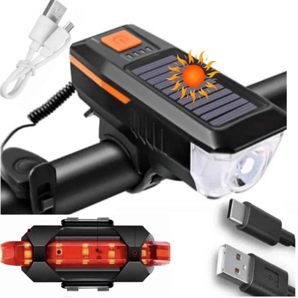 kit Lanterna Com Buzina Potente Recarregável  Solar 3 modos de Luz - Led Traseira Sinalizador recarregável USB bicicleta