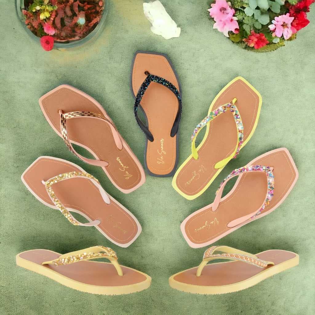 Chinelo Rasteirinha Bico Quadrado Via Summer Pedrarias Verão Casual Antiderrapante