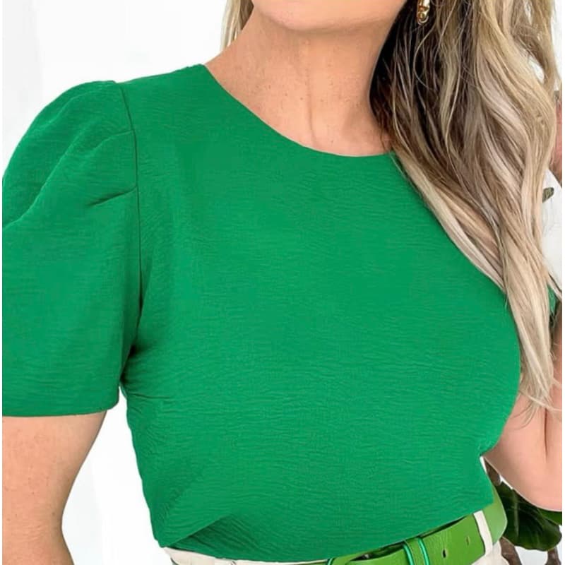 Blusa Social Básica com Manga Detalhada Gola Redonda Super Elegante.