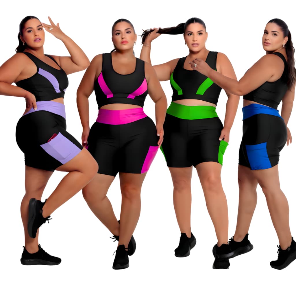 Kit 4 Conjuntos de Academia Short c/bolso + Top Plus size e Slim (40 ao 54) Modelo curves feminino