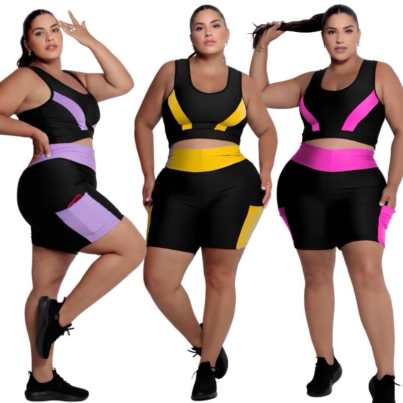 Kit 3 conjuntos de Academia Short com bolso + Top Plus Size 40 ao 54 Modelo Curves feminino Fitness