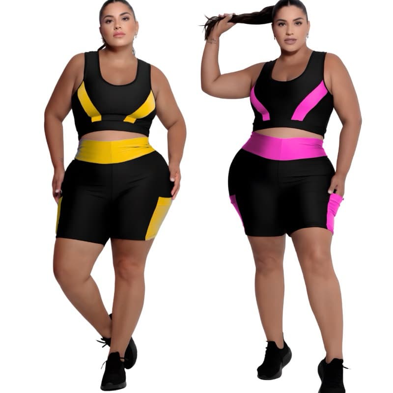 Kit 2 conjuntos Fitness feminino Top + Short c/ bolso  G GG XGG e EXGG Modelo Curve feminino
