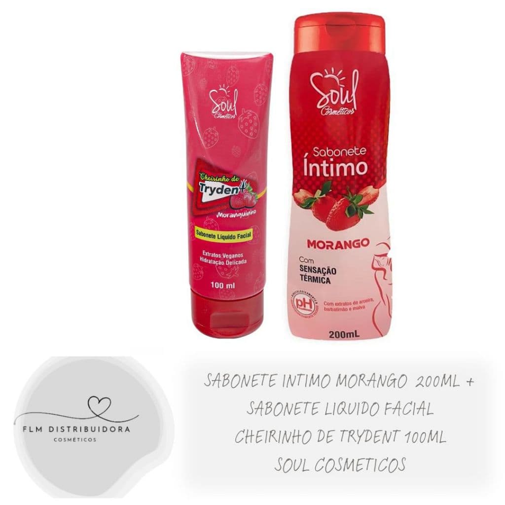 Sabonete Liquido Facial Cheirinho de  Moranguinho 100ml + Sabonete Intimo Morango com Sensação Térmica 200ml - Soul