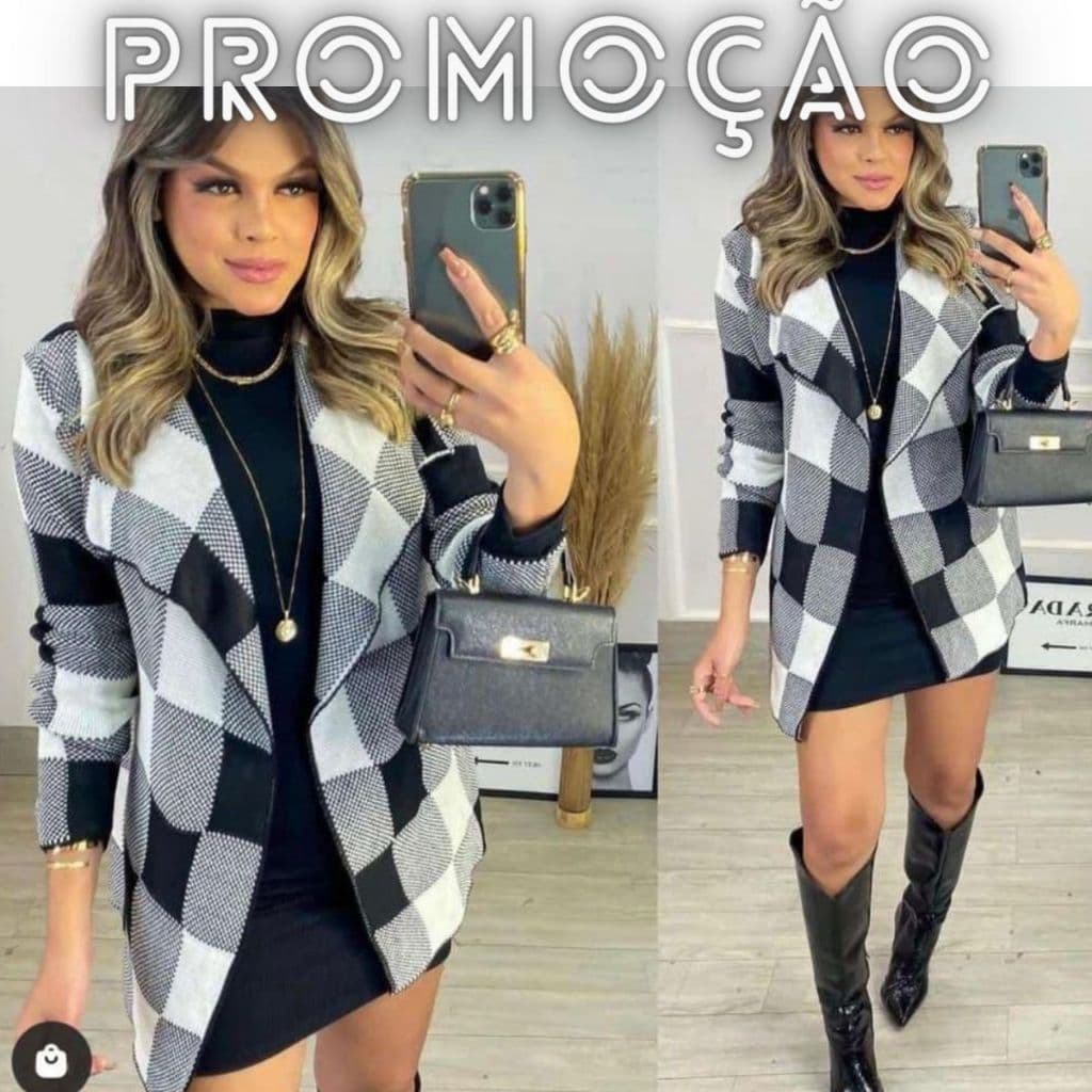 Casaco feminino tipo cardigan estampa xadrez de frio, tricô