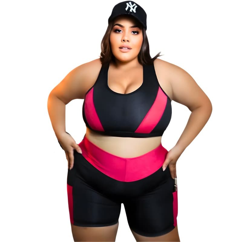 Conjunto Fitness Top + Short ciclista com bolso 40 ao 54 feminino plus size modelo curves