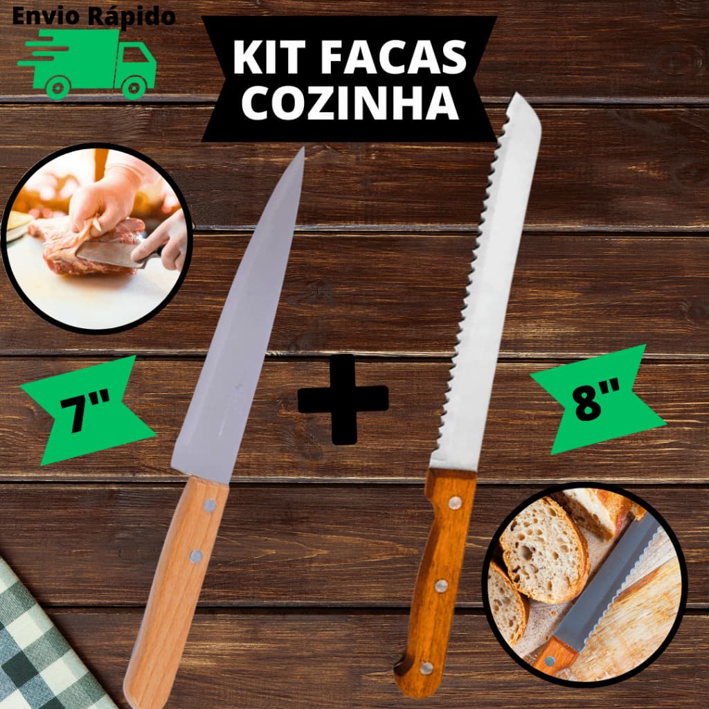 Kit Facas Para Cozinha 7" E Faca Pão 8" Com Serra Cabo de Madeira  E Faca De Cozinha 7'' Aço Inox Do Chef Profissional Para Cortes de Carnes Peixes Alimentos Para Restaurante Churrasco Cozinha Com Cabo De Madeira SQ Faca Pão Em Aço Inox Serra