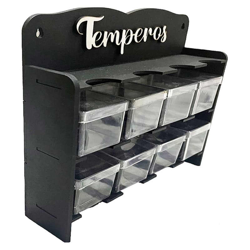 Porta Temperos com 8 Caixinhas de Acrilico 5x5x5 em MDF Preto Fosco Cozinha Moderna