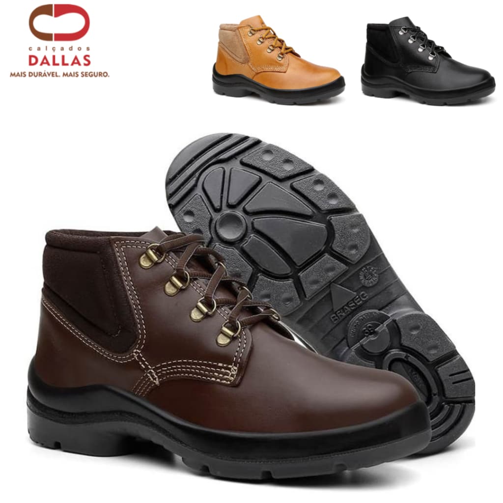 Bota Coturno Segurança EPI Dallas Cadarço Couro Legítimo Bico PVC Solado PU Bidensidade C.A.