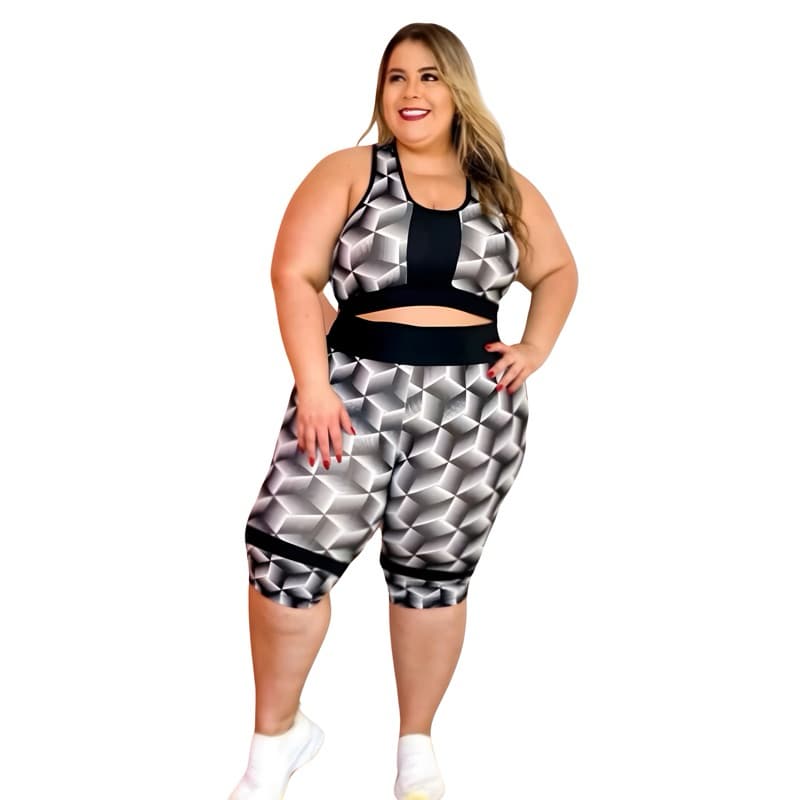 Conjunto Fitness Capri e top Plus size roupa academia estampado GG XGG e EXGG modelo curves feminino