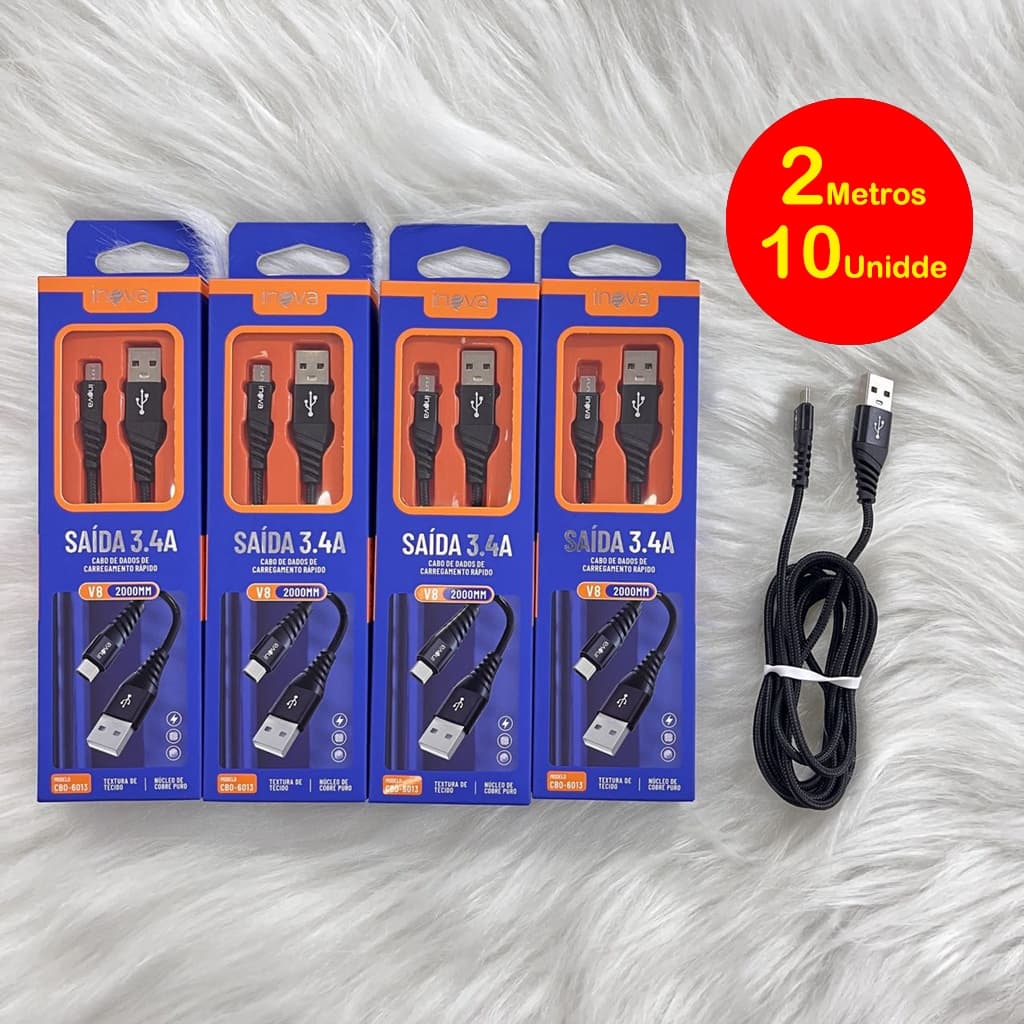 Kit 10 Unidade Cabo Carregador Celular Micro USB V8 / Type C / Lightning Original Inova 2 Metros